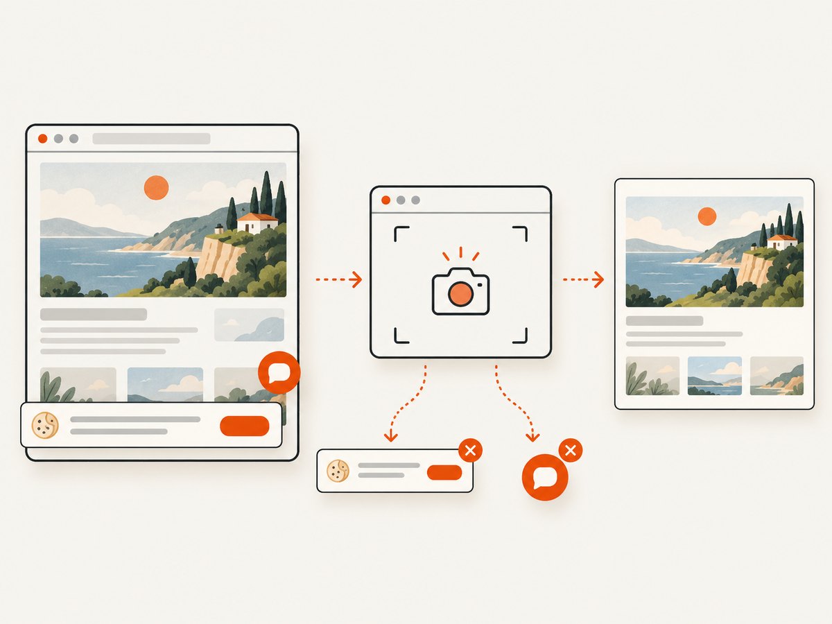 A clean capture removes consent banners and overlays before you compose the thumbnail.