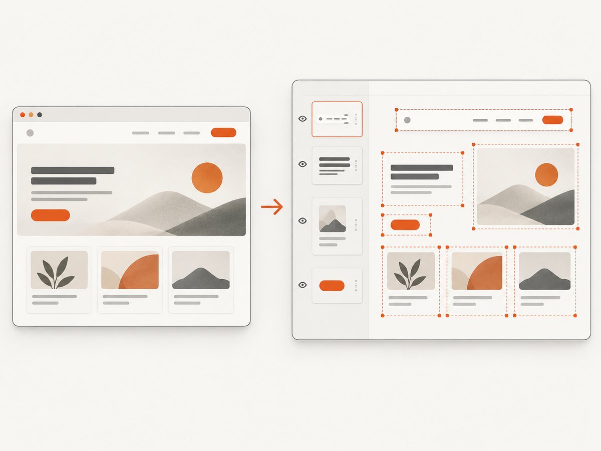 A screenshot converter interprets pixels as separate editable design layers that still need review.