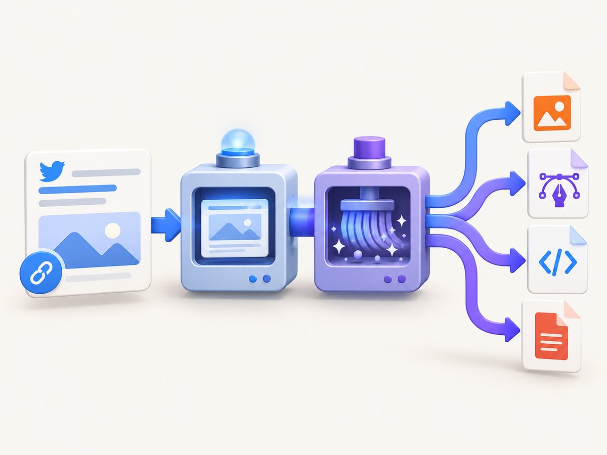 A screenshot workflow turns a tweet URL into a rendered asset after authentication, styling, and cleanup.