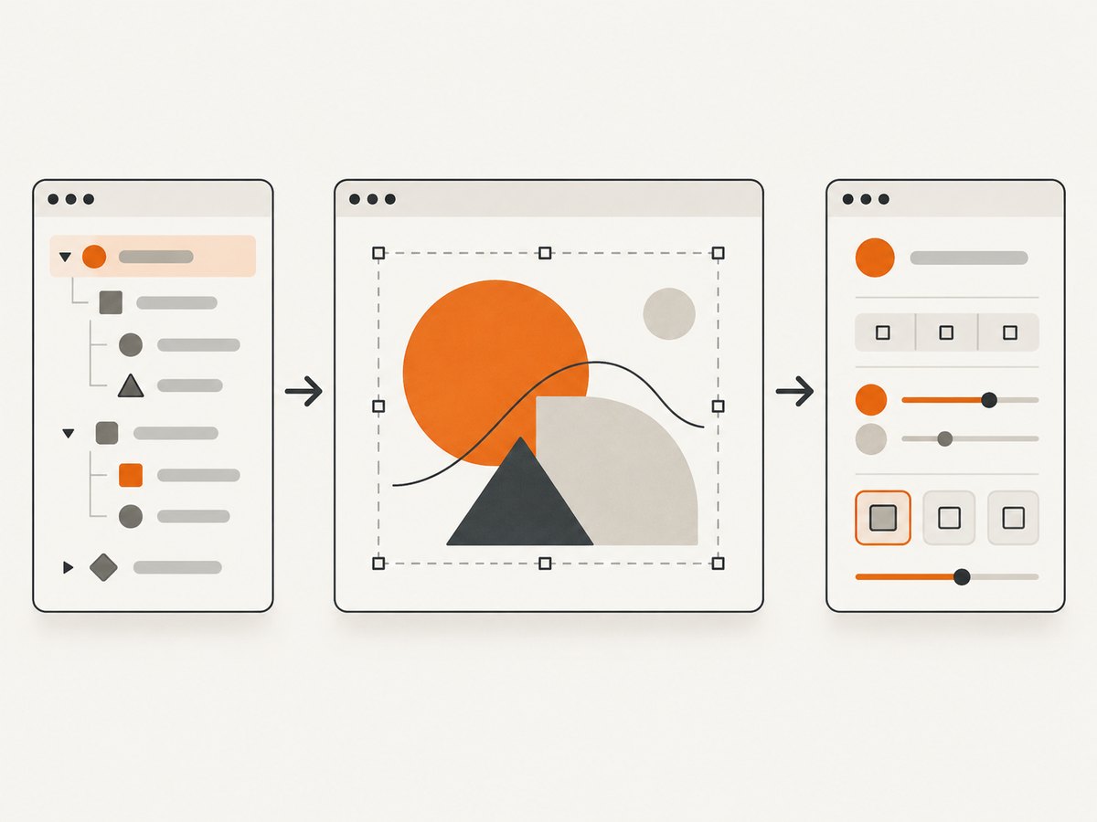 Layers locate an object, the canvas shows it, and the inspector edits its properties.