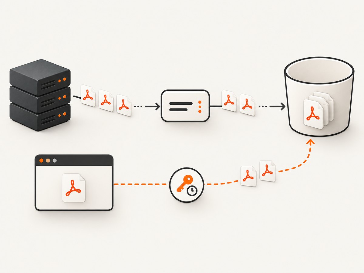 A generated PDF can reach S3 through a trusted SDK upload or a backend-issued presigned URL.