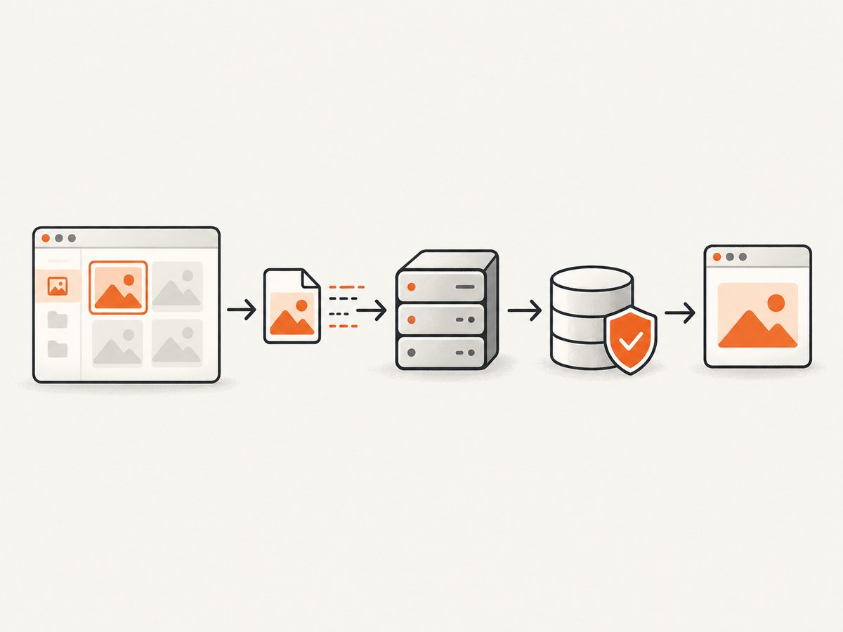 An image moves from the browser picker through server validation and storage before it becomes a usable URL.
