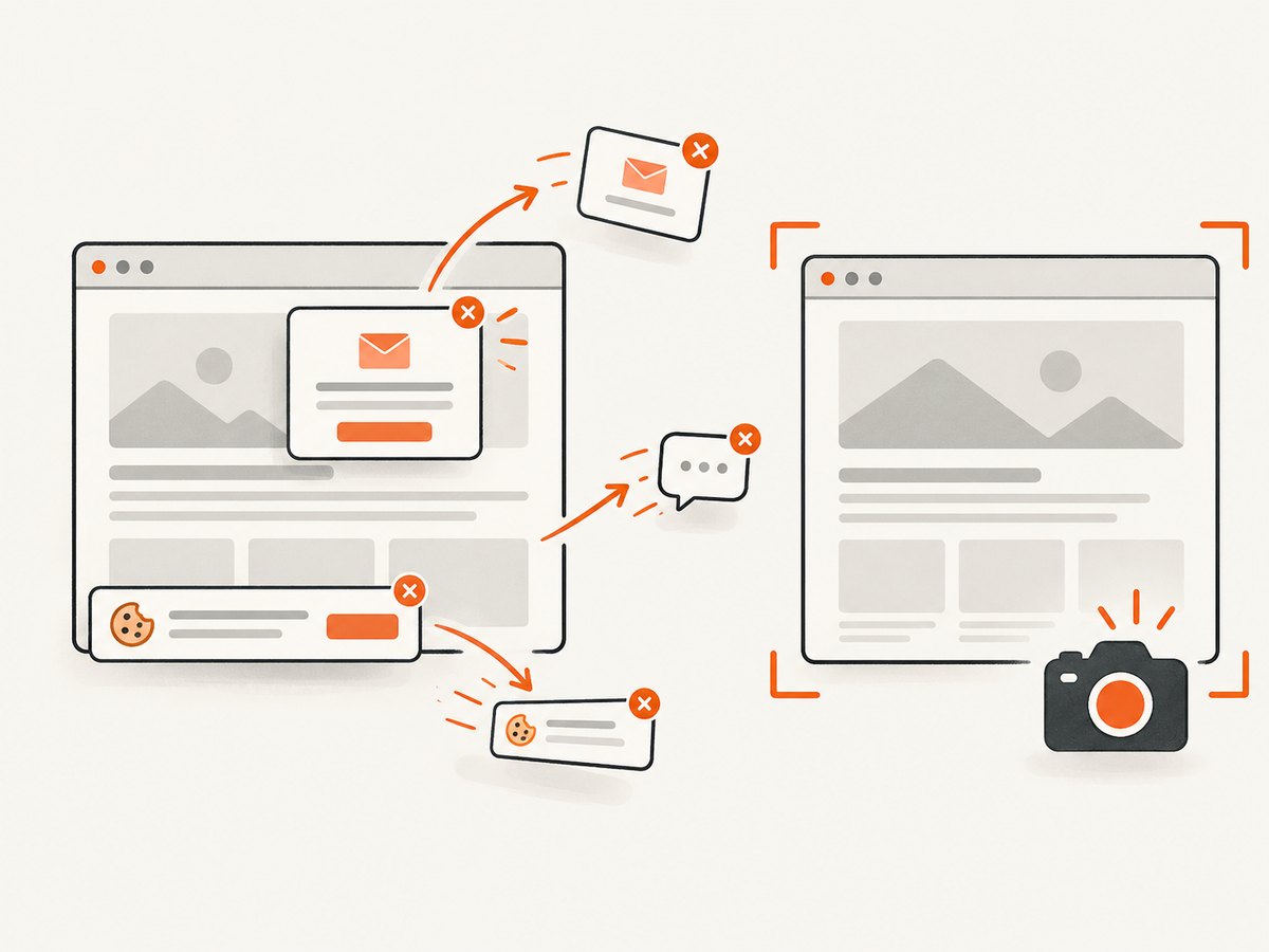 A clean capture removes common overlays before rendering the final screenshot.