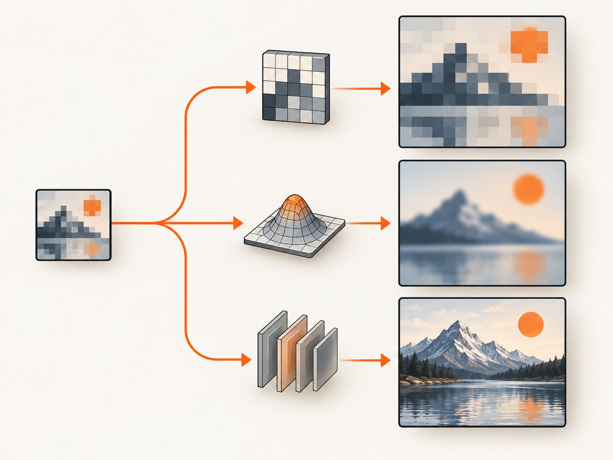 Different upscaling methods add different kinds of edge and texture changes.