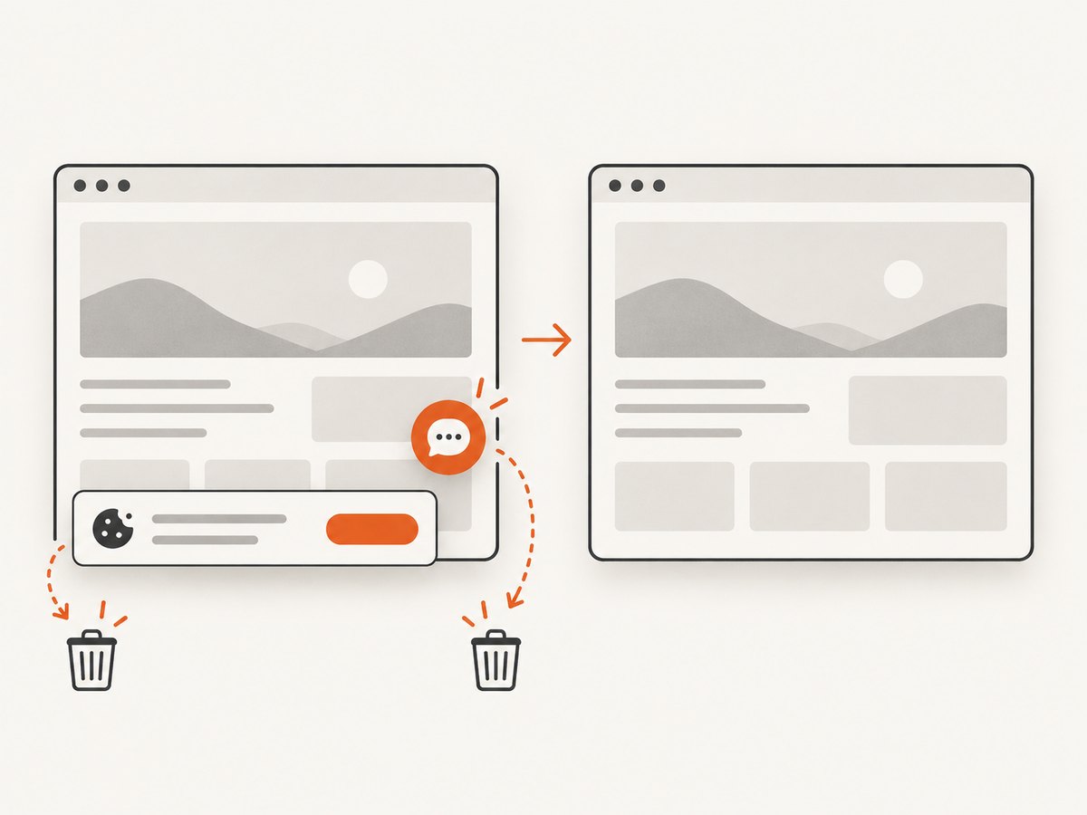 Consent banners, popups, and chat widgets can be removed before a clean capture.