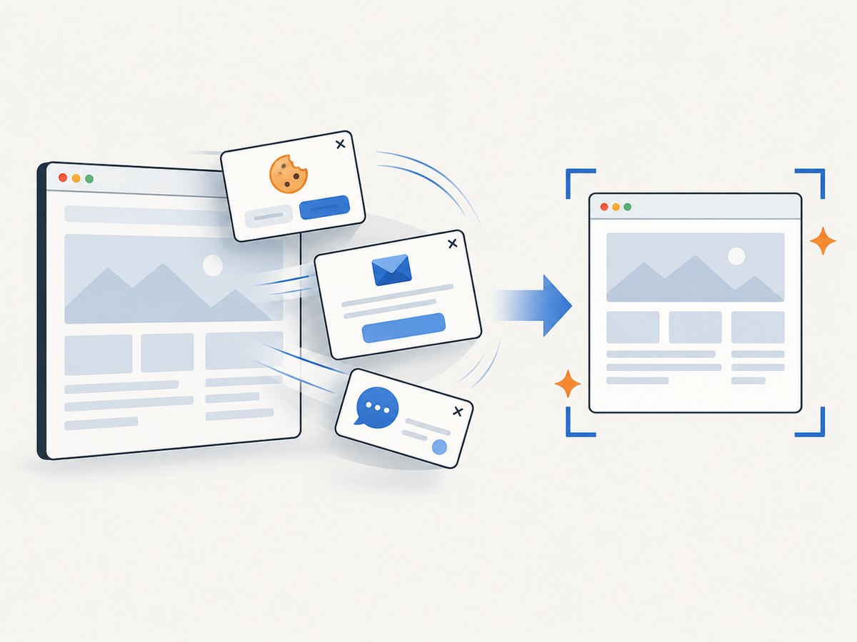 ScreenshotNeo removes common consent banners, popups, and chat widgets before capturing a page.
