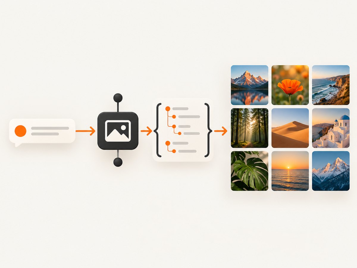 A search request becomes structured image results that your application can render and credit.