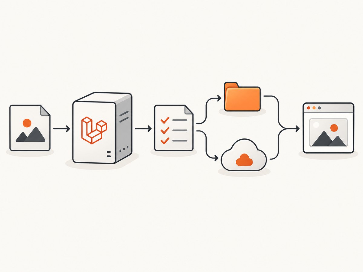 An image moves from Laravel validation to the selected filesystem disk and then to an authorized browser response.