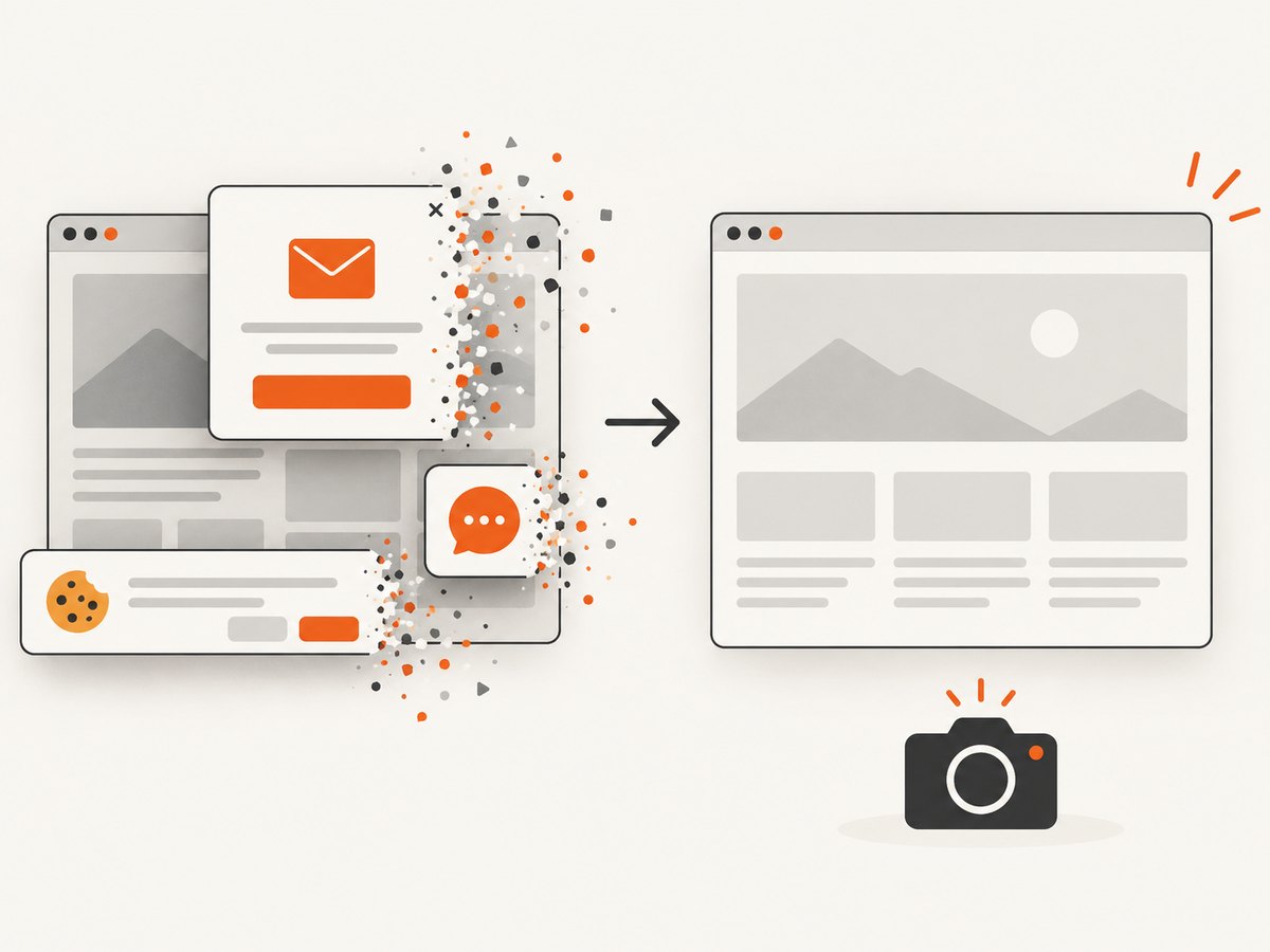 A capture workflow can remove consent banners and overlays before producing a clean reference image.