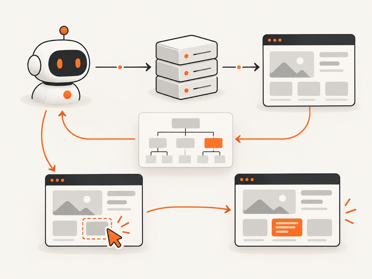 The browser workflow cycles through navigation, inspection, an action, and a fresh inspection.