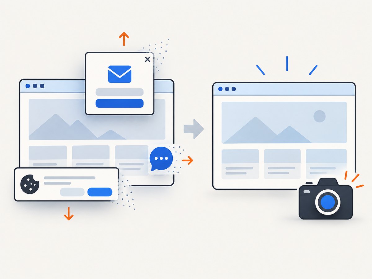 ScreenshotNeo removes common consent and overlay elements before capture.