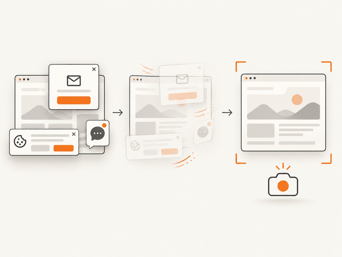 ScreenshotNeo removes common consent and overlay elements before capturing the page.