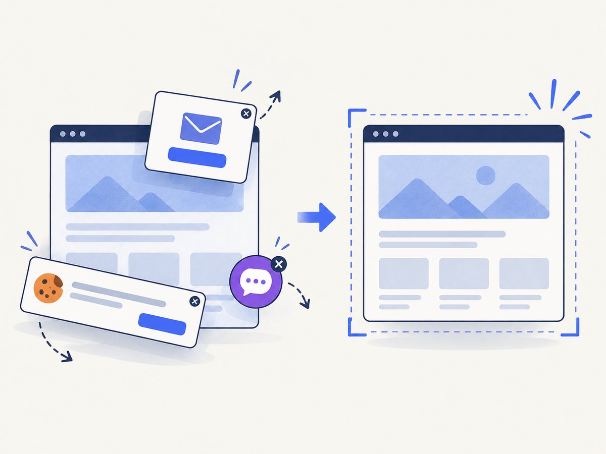 ScreenshotNeo clears common consent and overlay elements before capture.