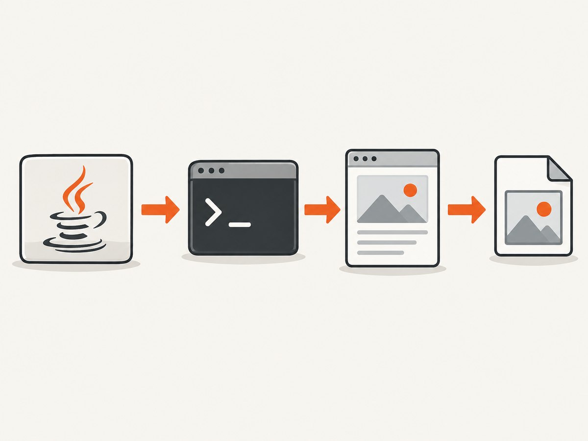 Java starts the renderer as a child process, which reads a URL or HTML file and writes the image output.
