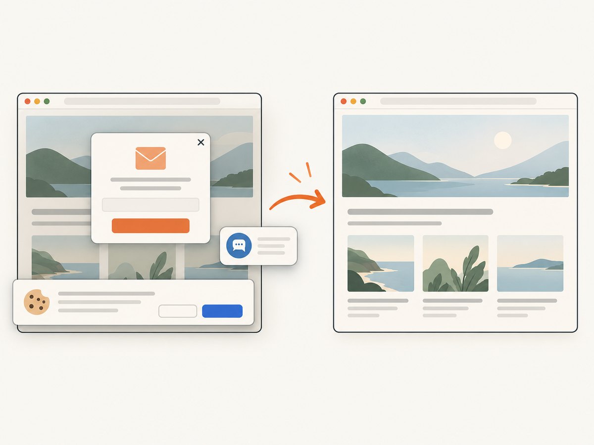 A clean capture can remove consent overlays, popups, and chat widgets before producing the image.