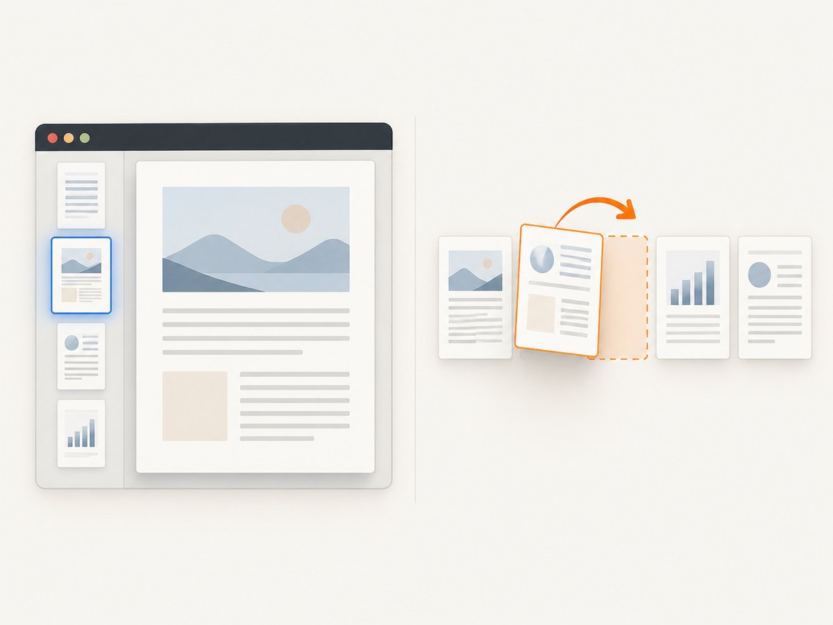 Selecting a preview navigates; moving or deleting a thumbnail changes the PDF page.