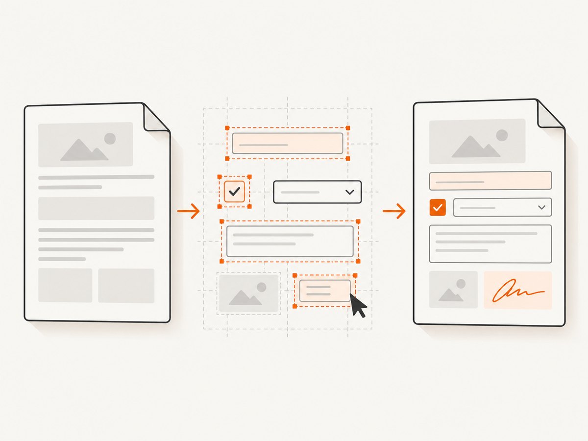 A reliable template workflow moves from clean source document to fields, validation, testing, and a versioned final PDF.