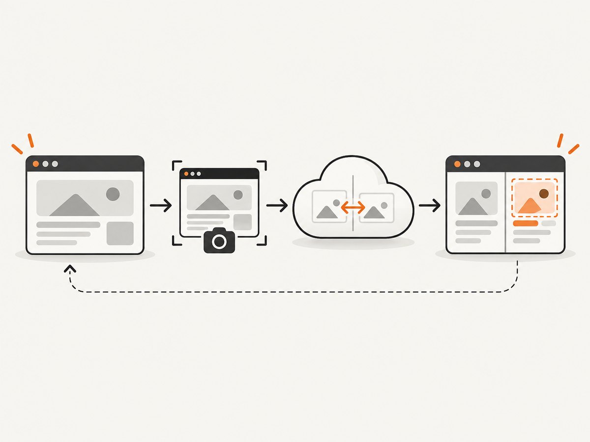 A visual regression run moves from a controlled browser state to a snapshot, comparison, and human review.