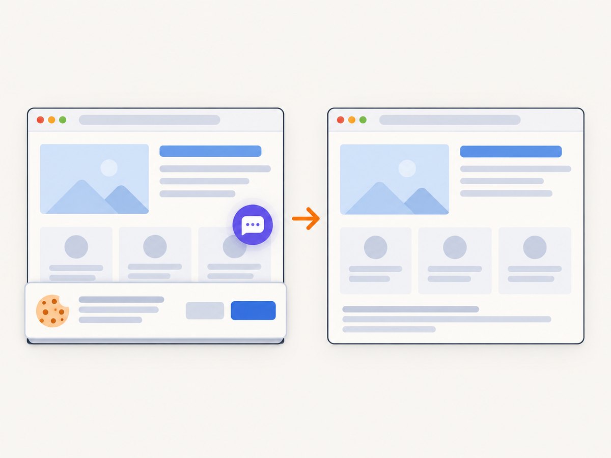 ScreenshotNeo removes supported consent banners, popups, and chat widgets before capturing the page.