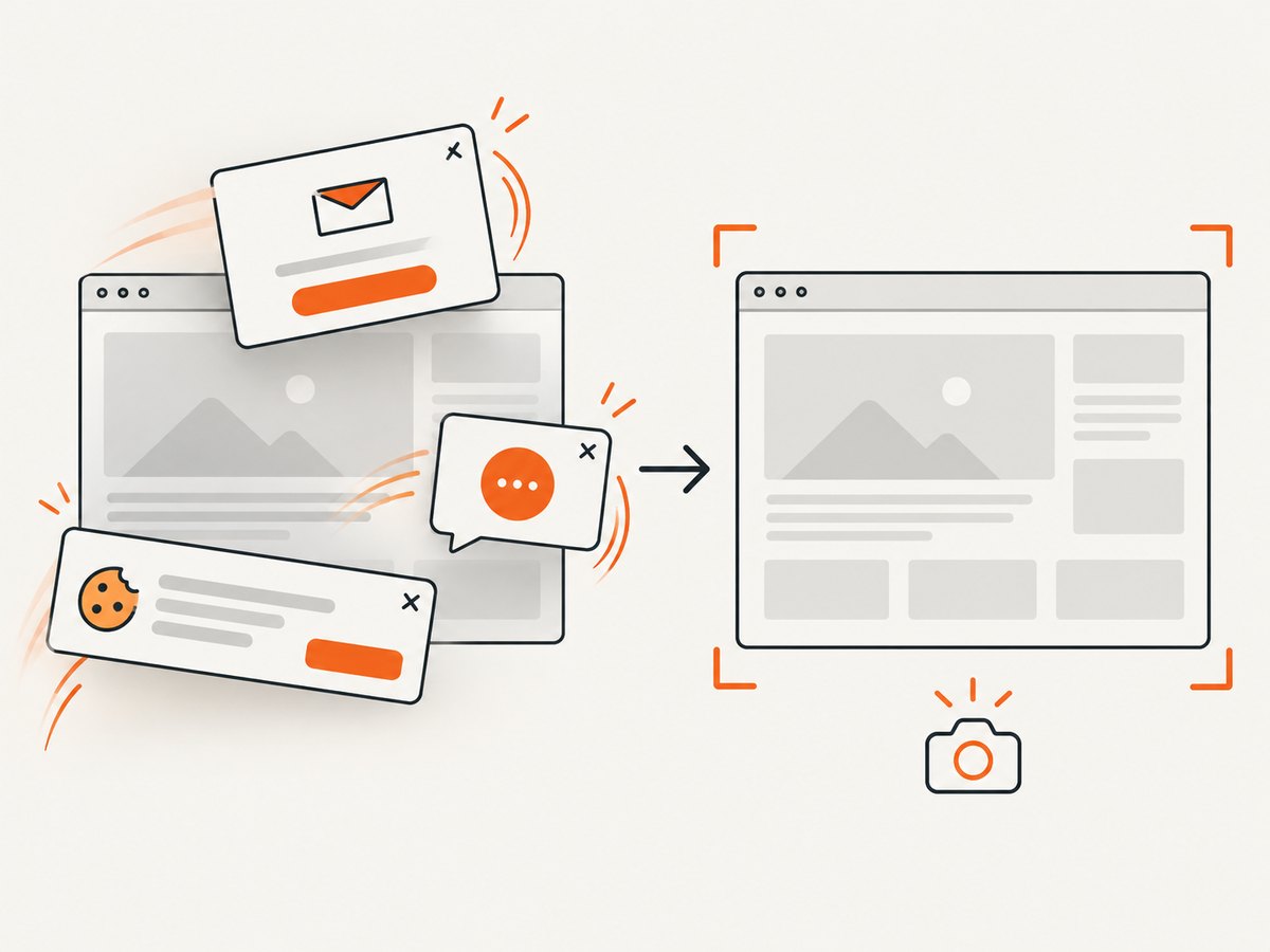 A clean capture can remove common consent and overlay elements before the image is billed.