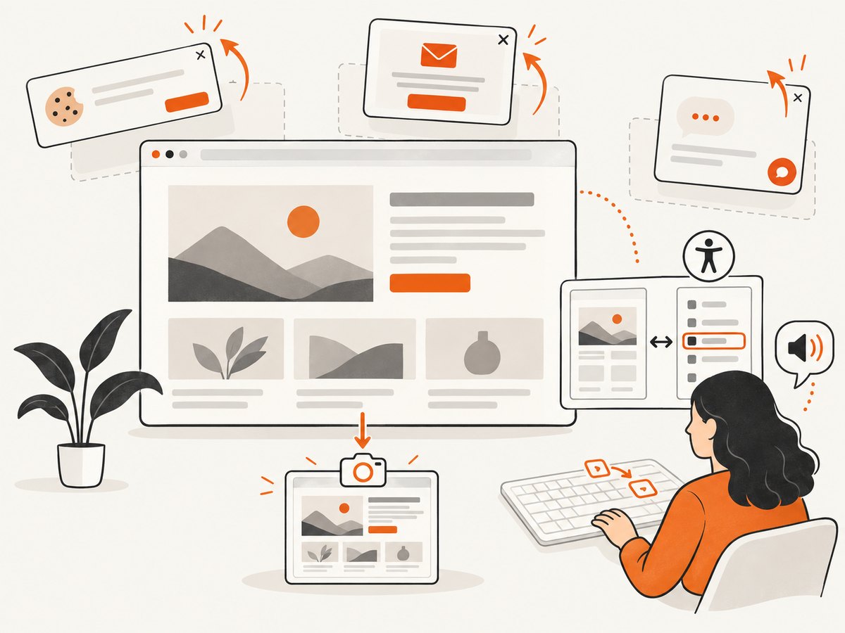A clean screenshot can document page appearance, while keyboard and assistive-technology checks evaluate behavior.