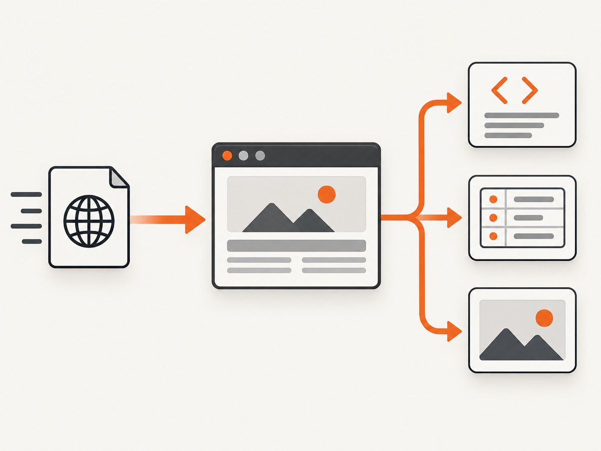 A scraping request can return raw HTML, rendered content, structured fields, or a visual capture.