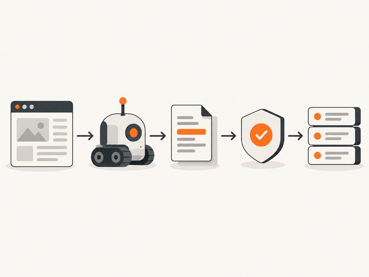 A responsible scraping pipeline moves from request to parsing, validation, and governed storage.