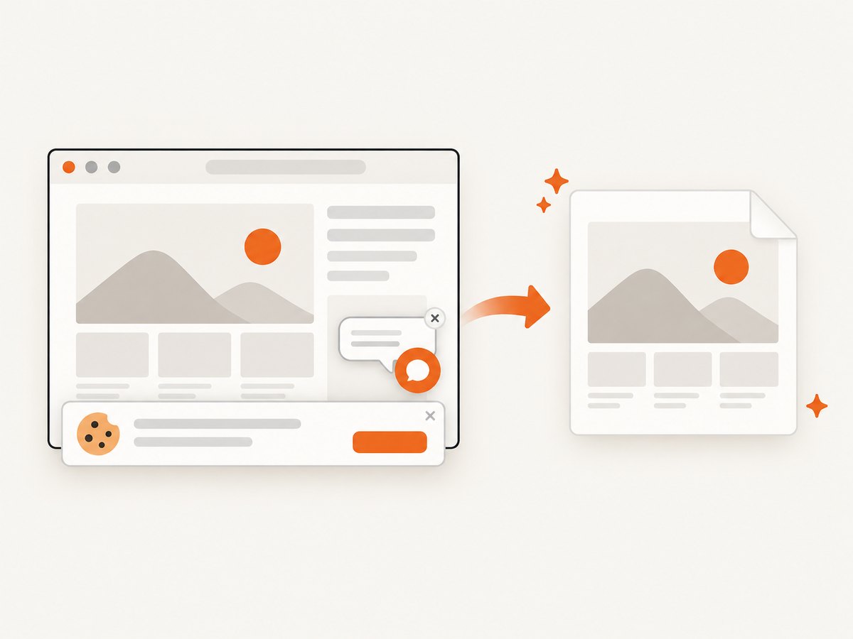 A clean capture removes consent banners, popups and chat widgets before the image is returned.