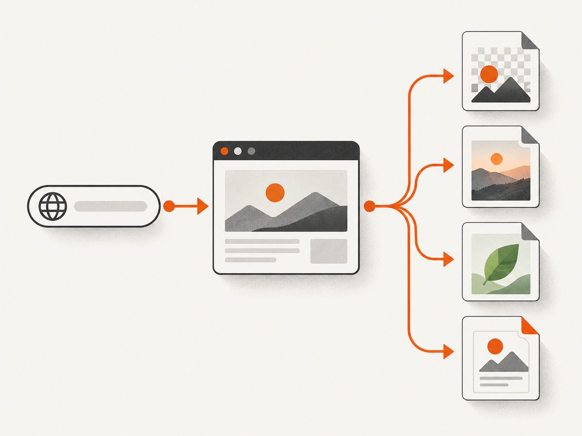 A screenshot pipeline turns one URL request into an image or PDF after the page is rendered.