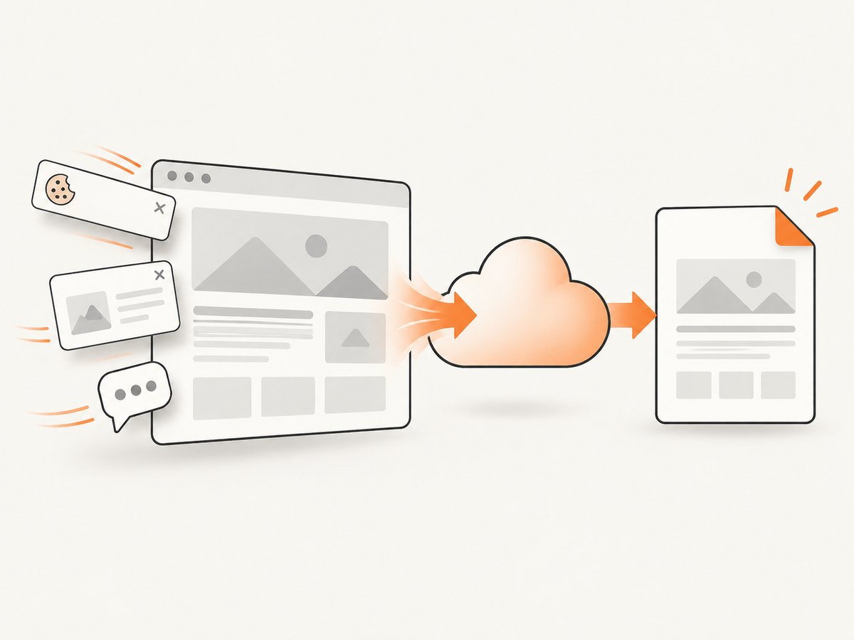 An API can capture pages on demand and remove common overlays before returning a PDF.