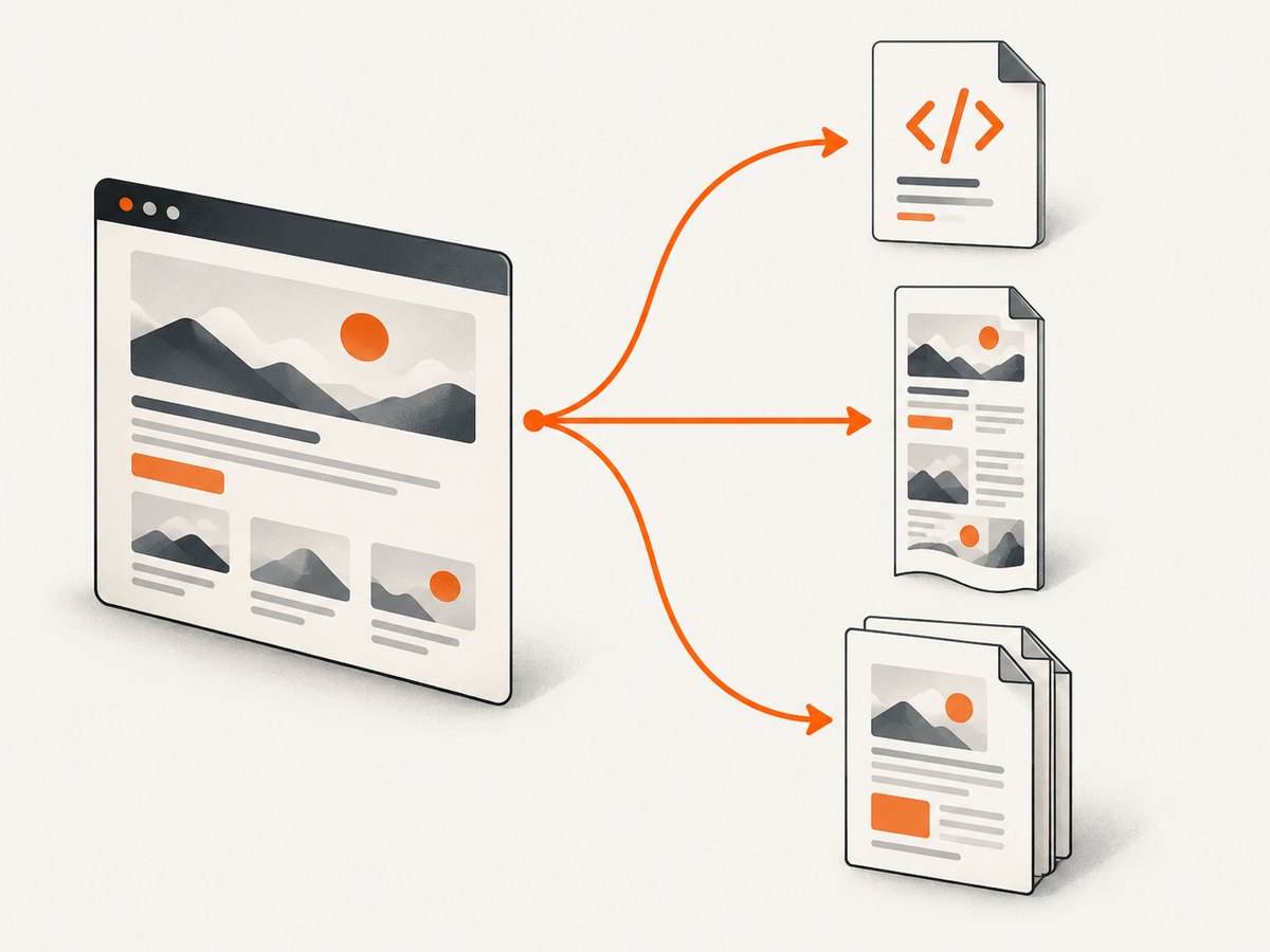 The same page can become an offline document, an image, or a paginated PDF.