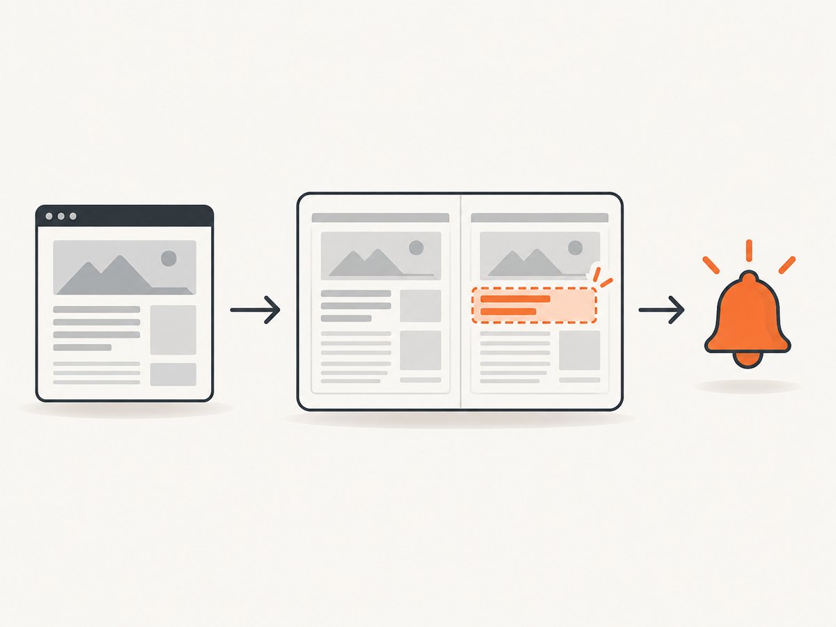 A monitor retrieves a page, compares it with the saved version, and alerts when its configured condition matches.