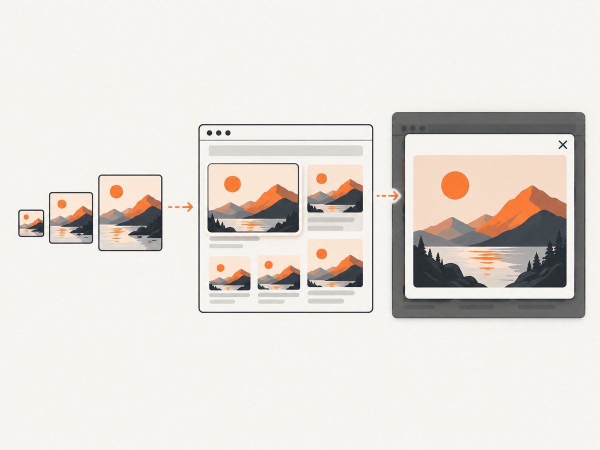 Responsive sources keep thumbnails fast while the enlarged view retains detail without breaking layout.
