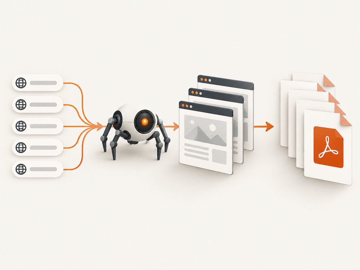 A complete workflow separates discovery, browser rendering, and PDF output.