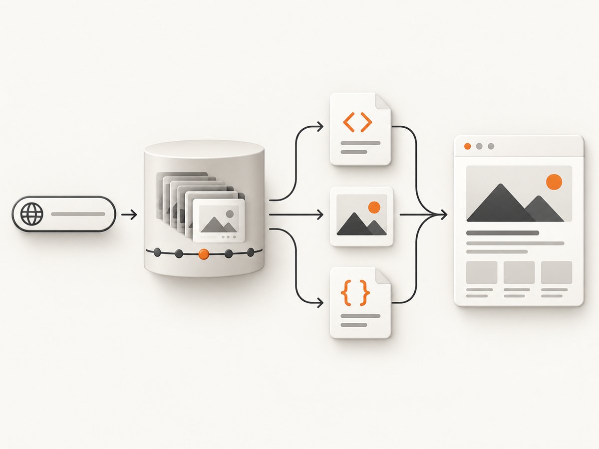 An archived page is reconstructed from the resources captured for a specific URL and timestamp.