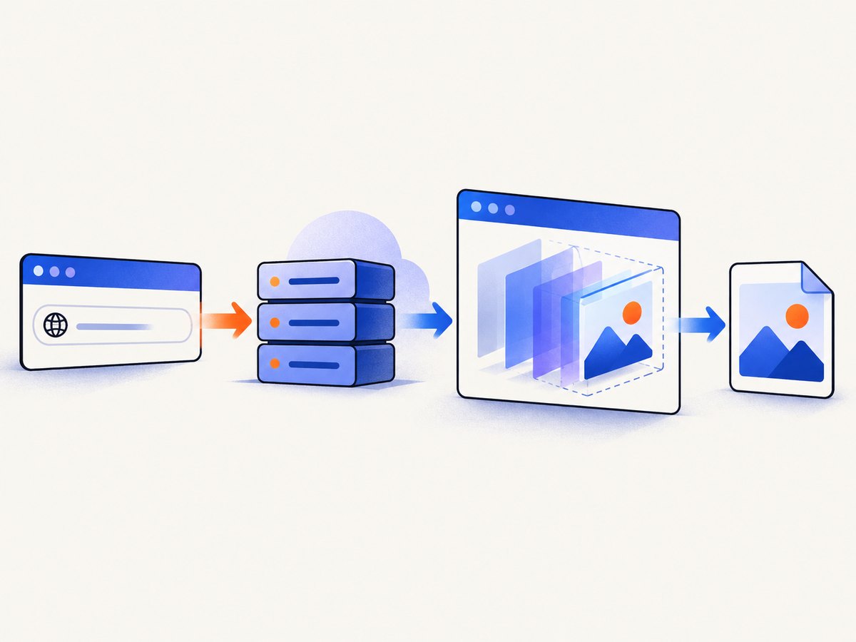 A screenshot API renders the page first, then encodes the result as WebP.