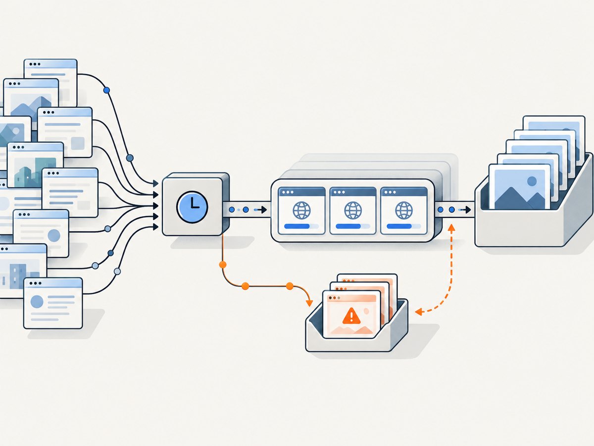 A persistent queue and bounded batches let Apps Script resume screenshot work safely.