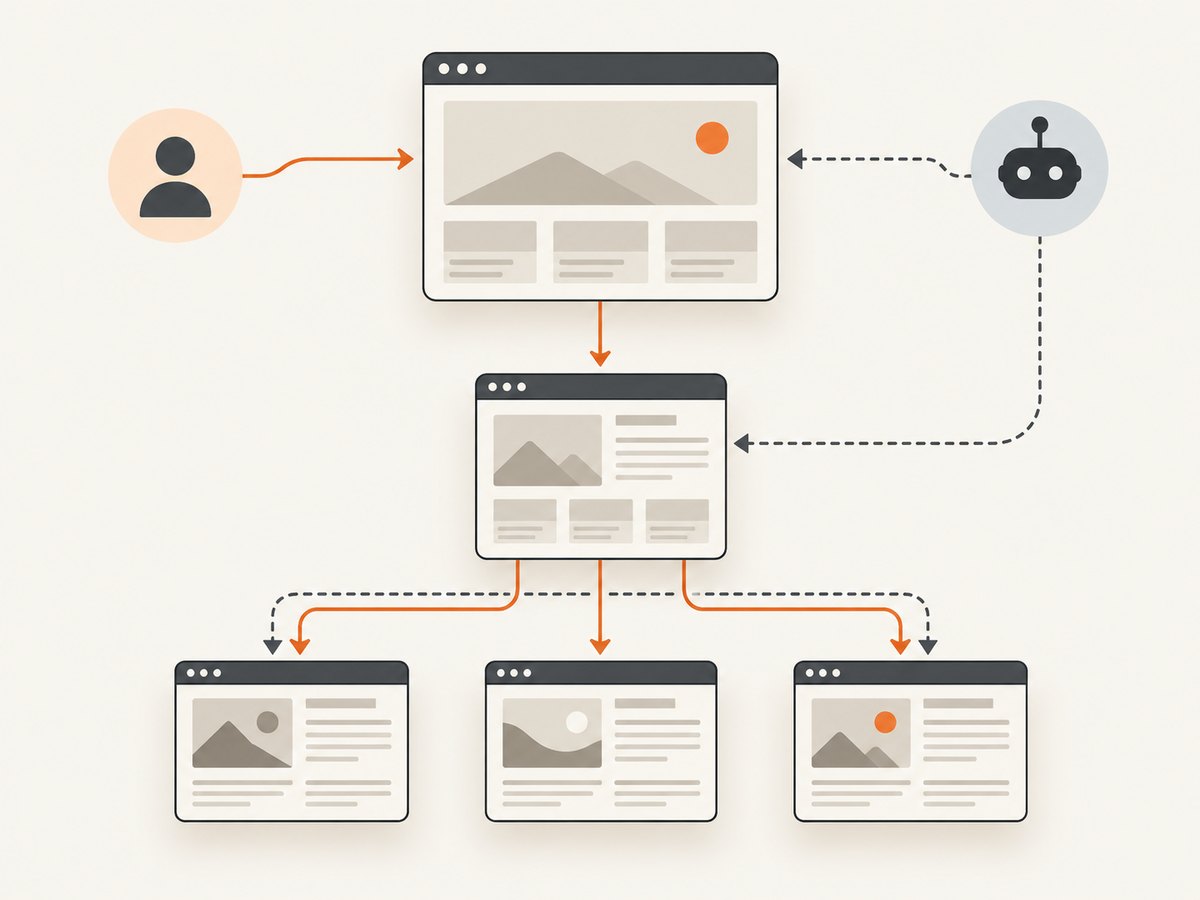 Subpages are connected through navigation and internal links, while URLs provide readable addresses.