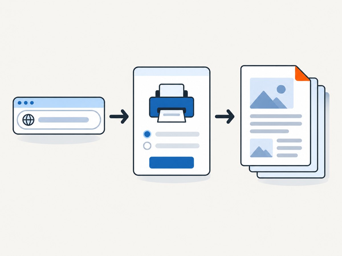 A URL is rendered, laid out for paper, and saved as a PDF.