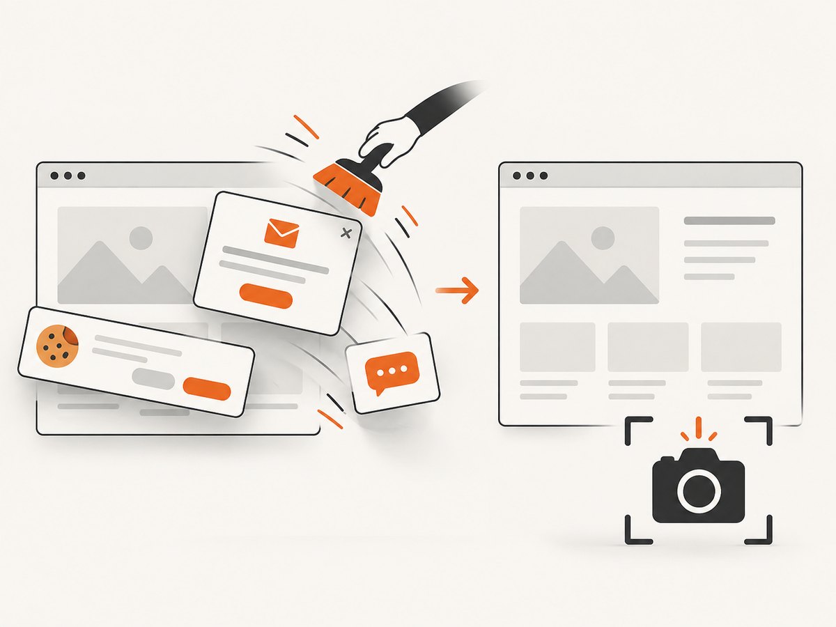A capture pipeline can remove common overlays before saving visual evidence.