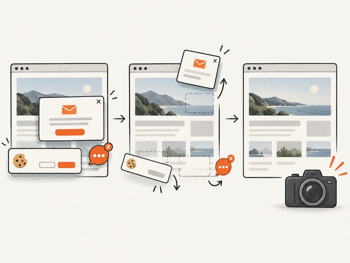 A clean capture workflow removes common overlays before producing the screenshot.