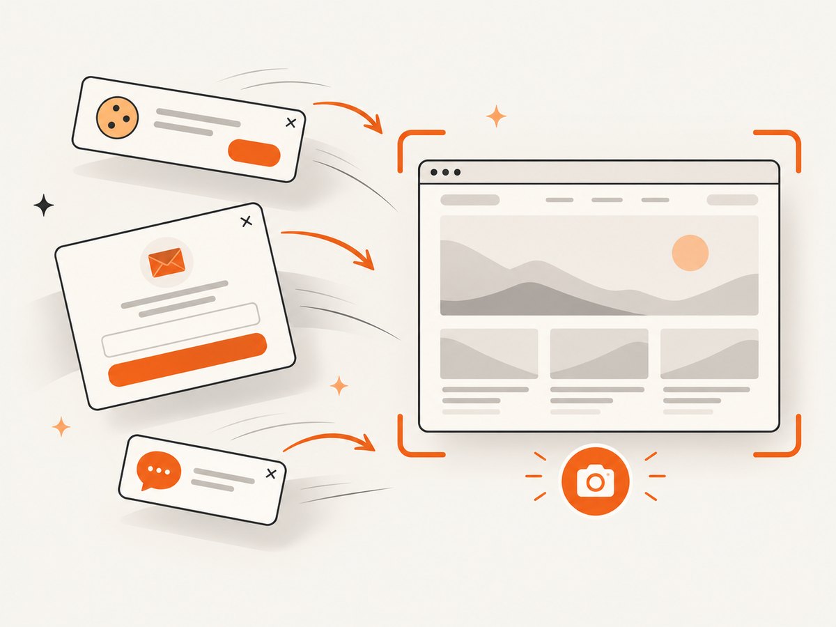 Browser automation may need to handle overlays before a screenshot represents the page content.