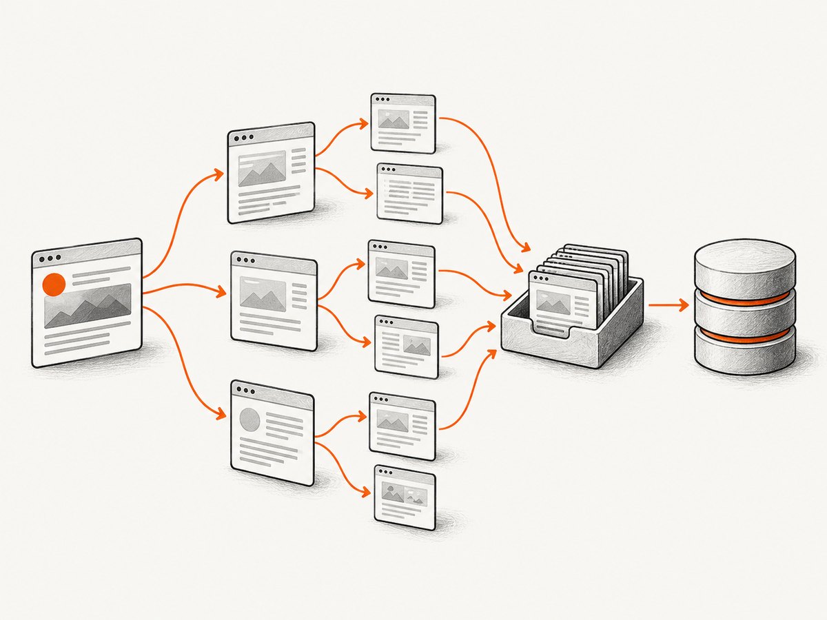 A crawler starts with seed URLs, follows links, and stores fetched results.