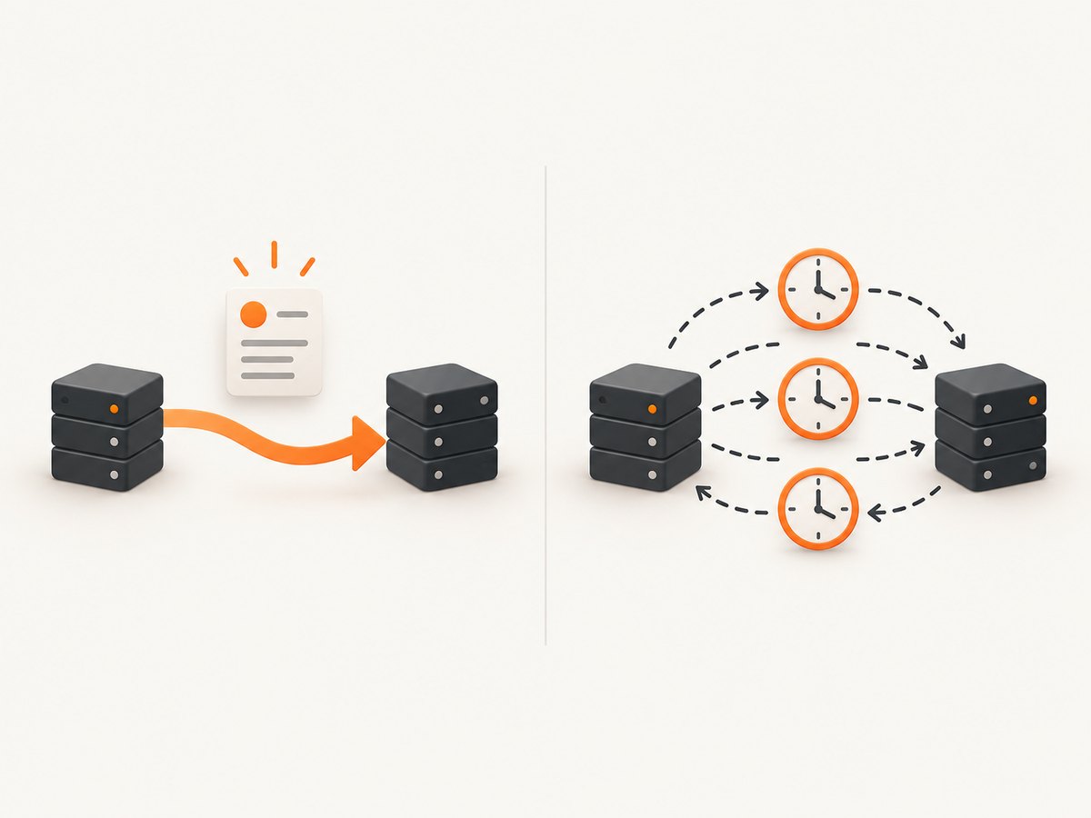 Webhooks push an event when it happens, while polling asks repeatedly whether anything changed.