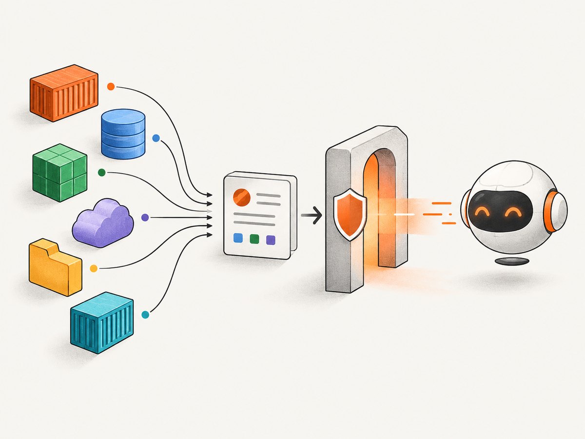 The Catalog lists servers, profiles select them, and the Gateway connects them to an AI client.