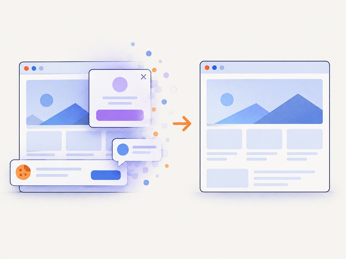 ScreenshotNeo removes common consent banners, popups, and chat widgets before capture.