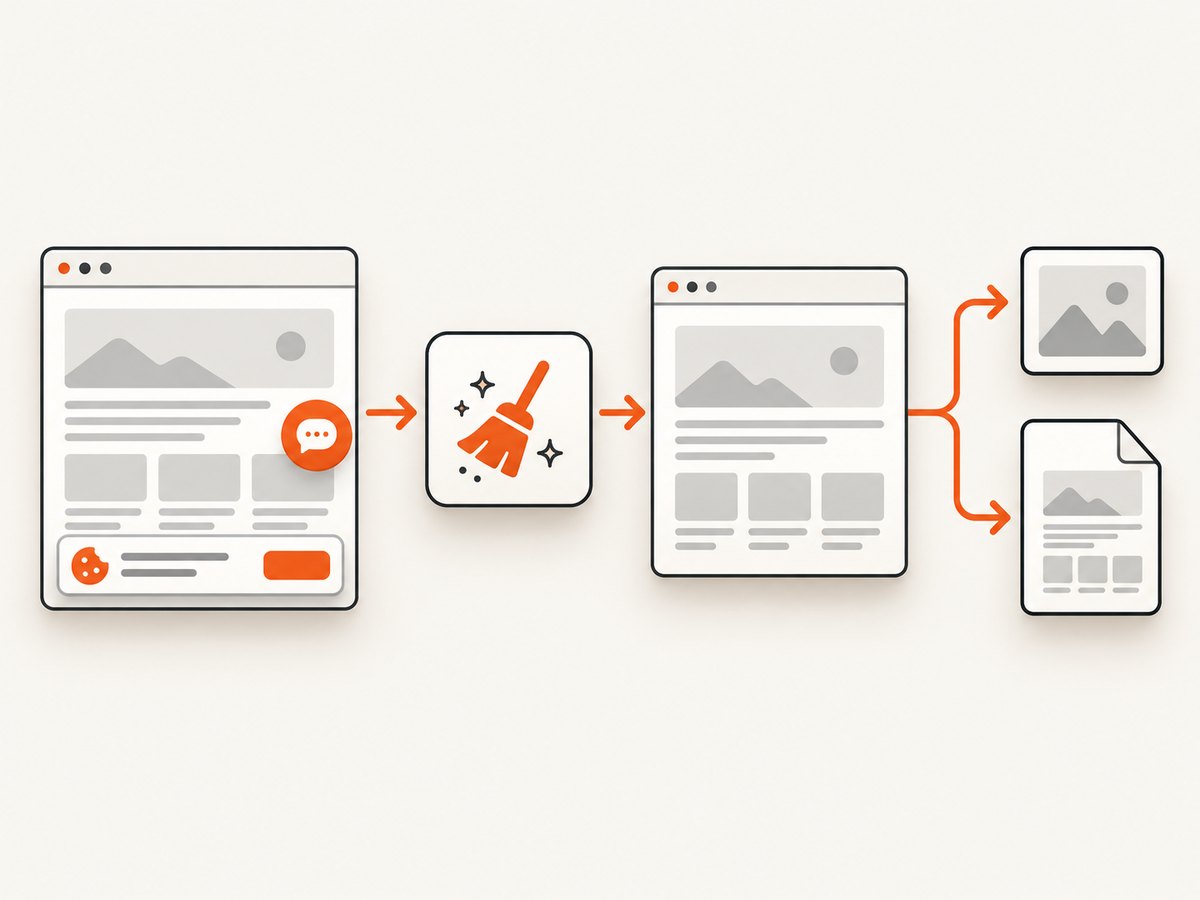 A website preview can be rendered, cleaned, and saved as an image or PDF.