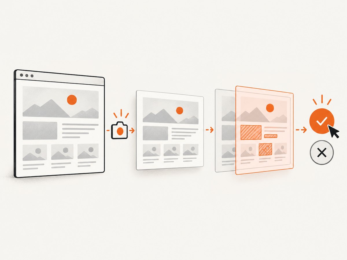 The visual regression loop: render a known state, compare it with the approved baseline, and review the difference.