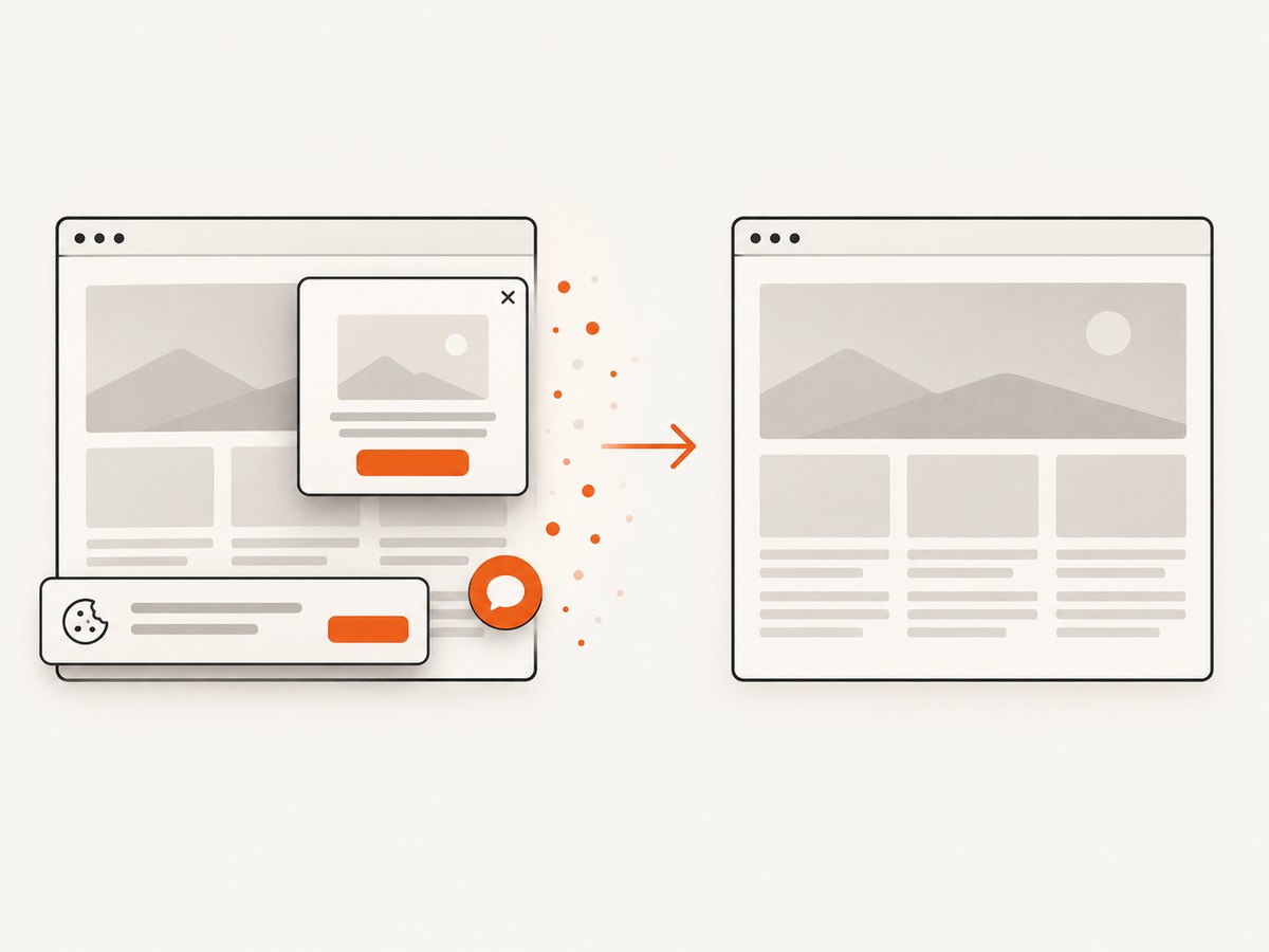 Rendered capture can remove common consent and overlay elements before producing a visual record.