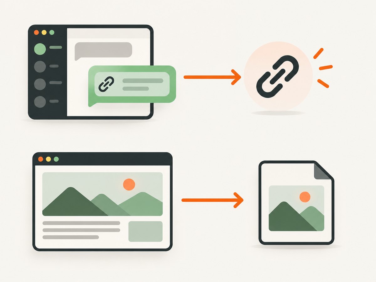 A WhatsApp link preview request and a website screenshot are separate outputs.